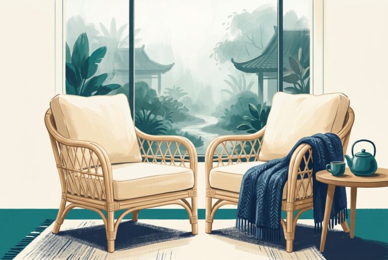 Hình ảnh minh họa ý nghĩa tên An Nhàn: chiếc ghế wicker và đệm ấm bên cửa sổ ngập nắng