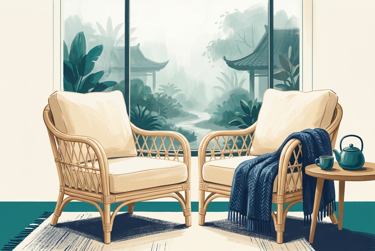 Hình ảnh minh họa ý nghĩa tên An Nhàn: chiếc ghế wicker và đệm ấm bên cửa sổ ngập nắng