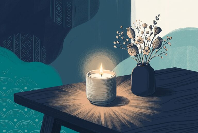 Hình ảnh minh họa ý nghĩa tên An Tâm: ngọn nến thơm tỏa ánh sáng ấm áp bên hoa cỏ khô trang nhã