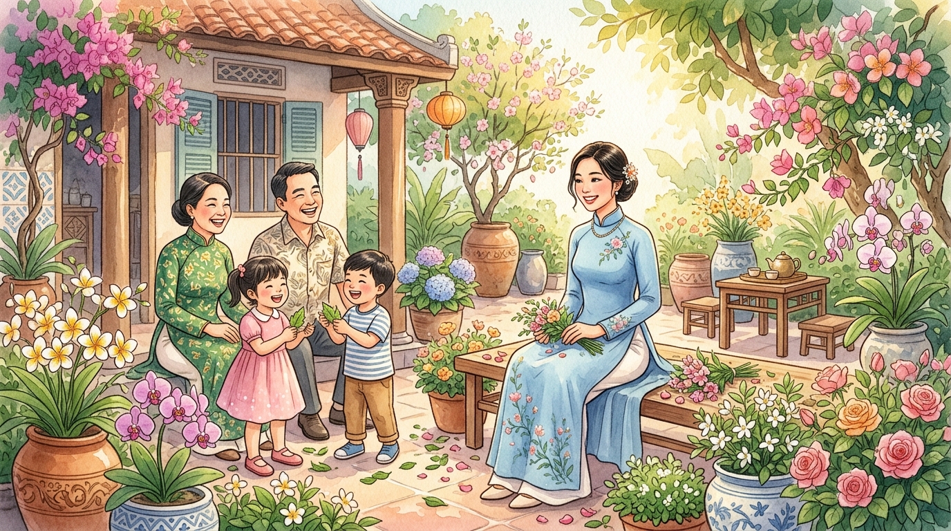Cả nhà cùng chụp ảnh dưới cây hoa đào nở rực rỡ ngày xuân