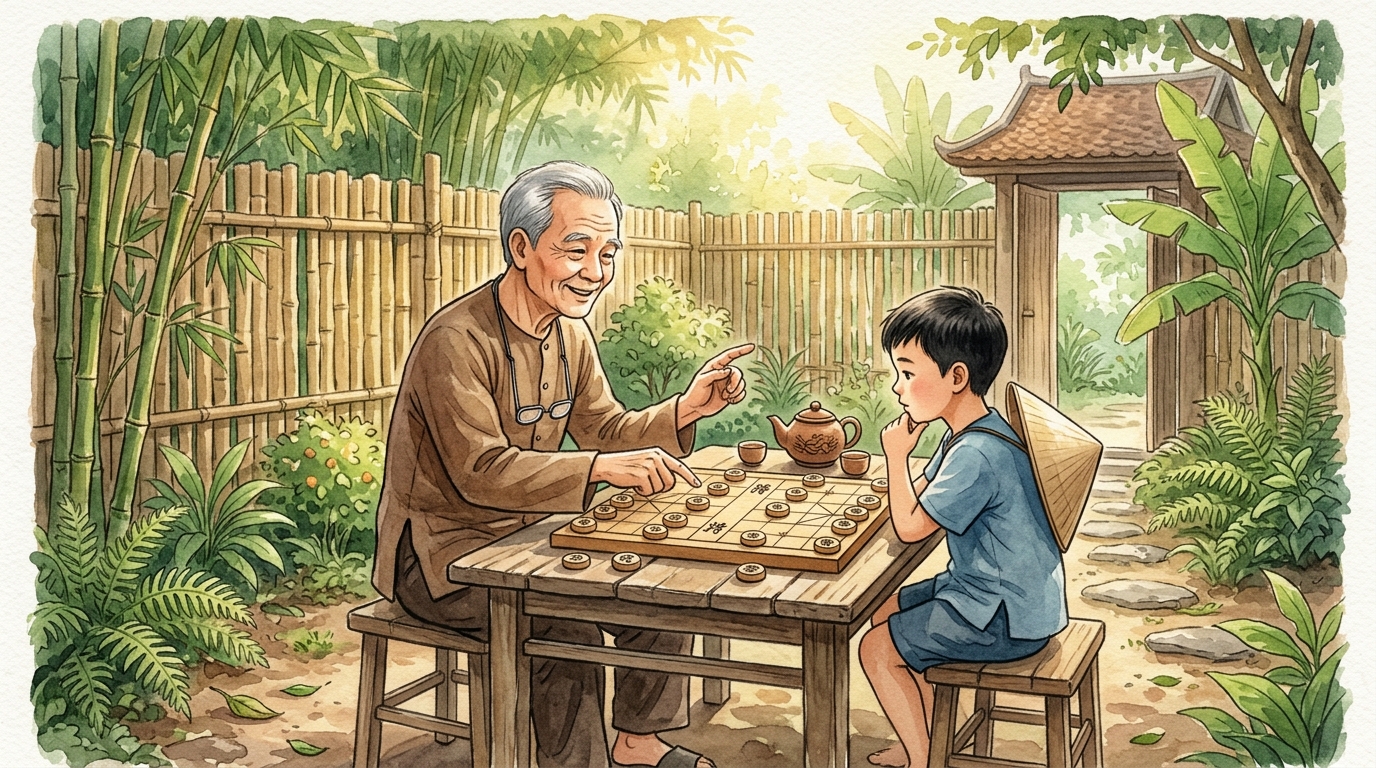 Ông và cháu trai Việt Nam chơi cờ trong vườn nhà