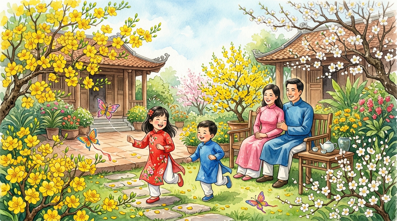 Gia đình Việt Nam vui chơi bên hoa mai vàng ngày xuân