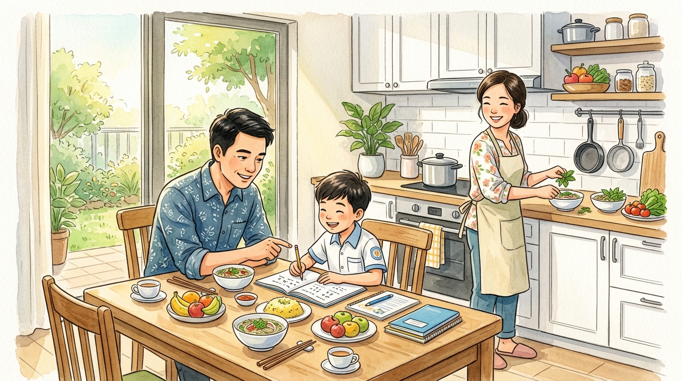 Gia đình Việt Nam ăn sáng trong bếp hiện đại ấm áp