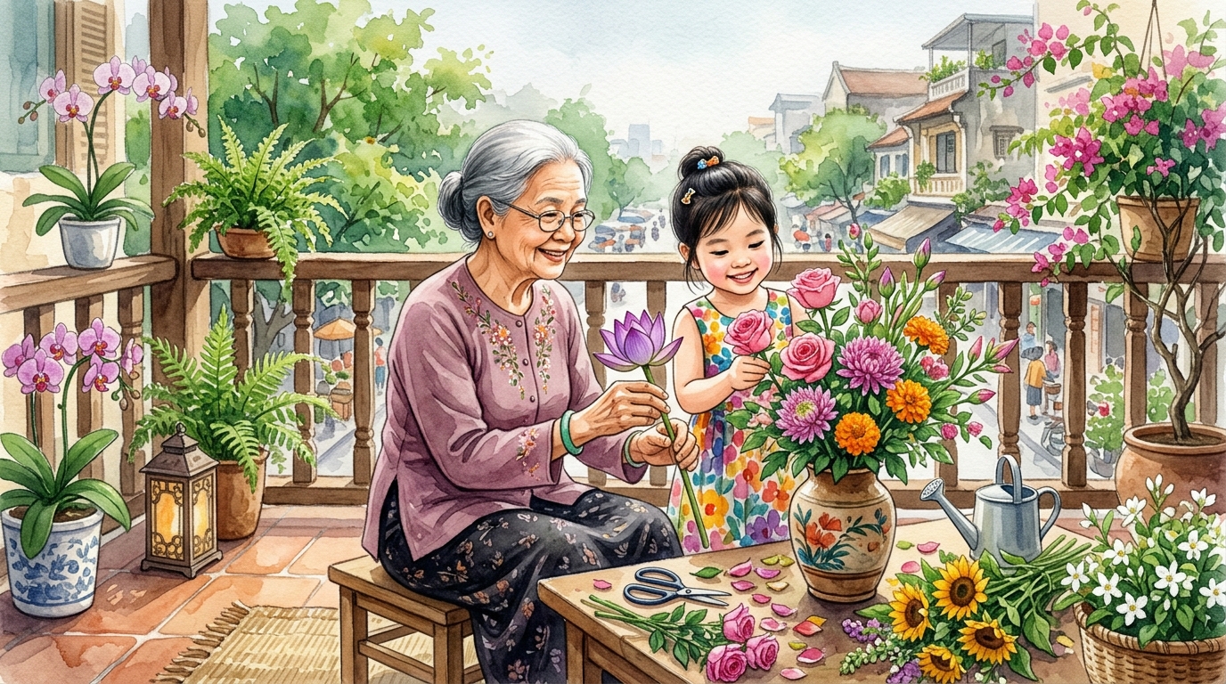 Bà và cháu gái Việt Nam cắm hoa trên ban công