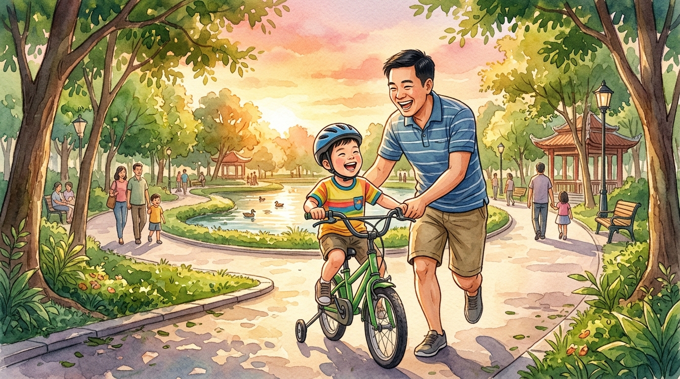 Cha dạy con trai Việt Nam đạp xe trong công viên