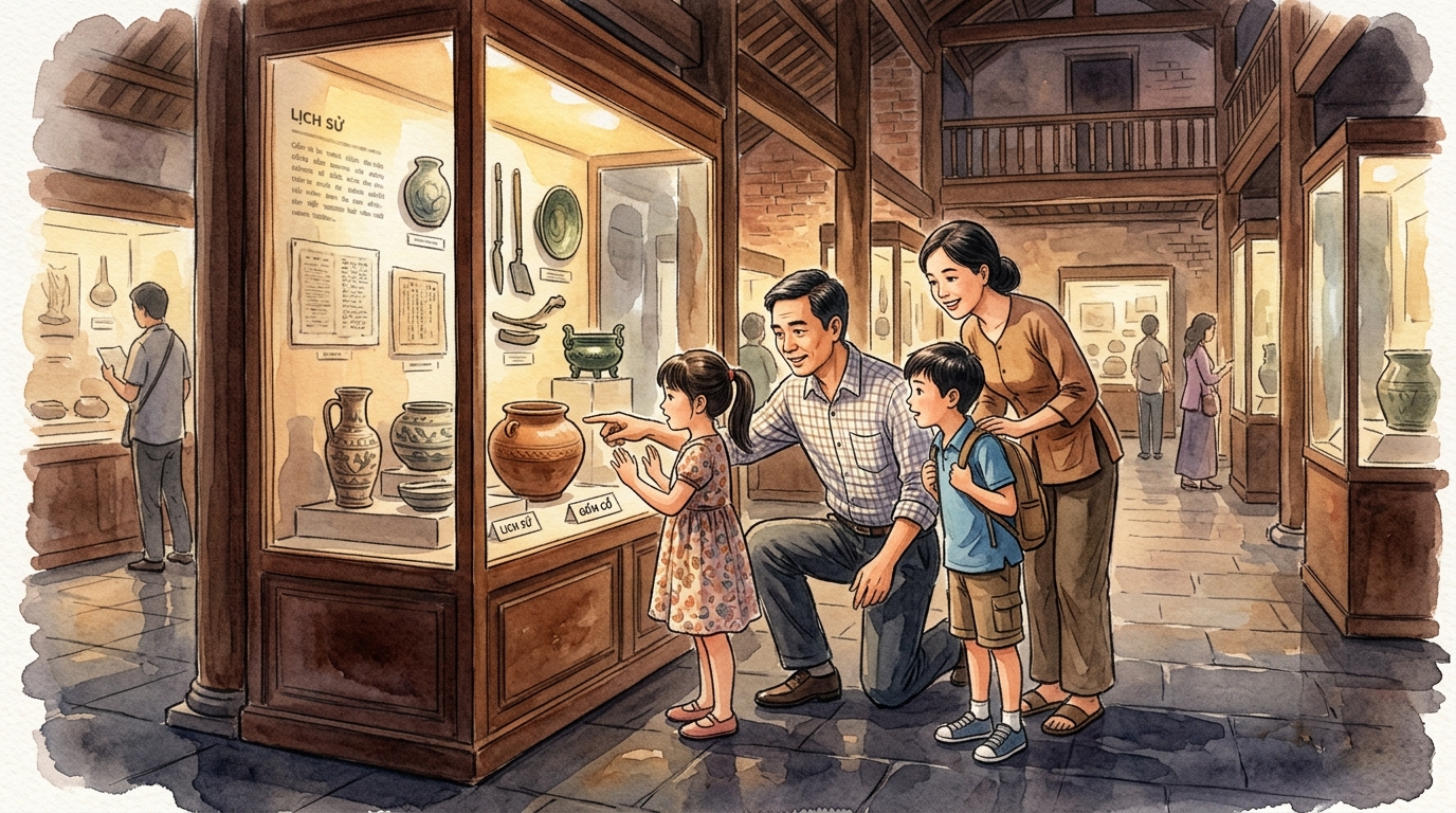 Gia đình Việt Nam tham quan bảo tàng lịch sử cùng nhau