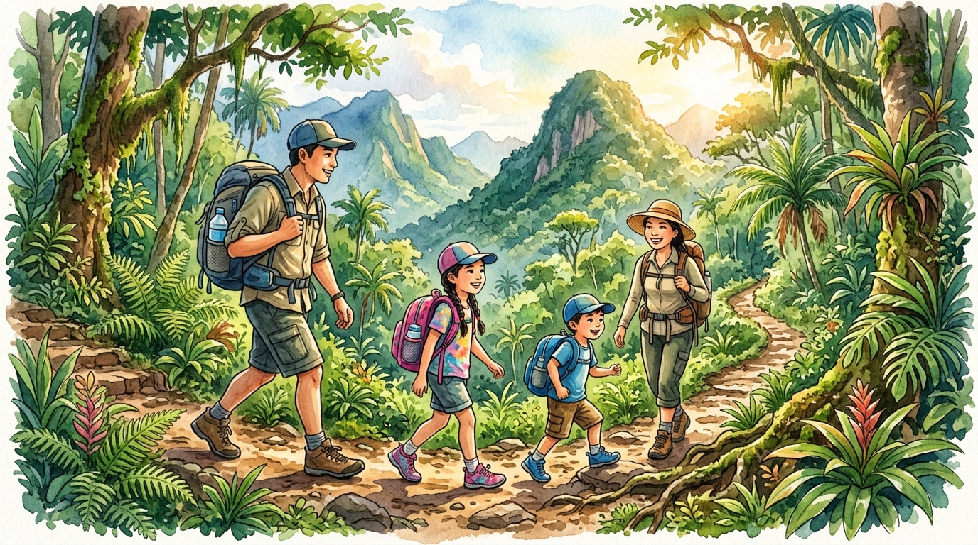 Gia đình Việt Nam leo núi cùng nhau giữa rừng nhiệt đới