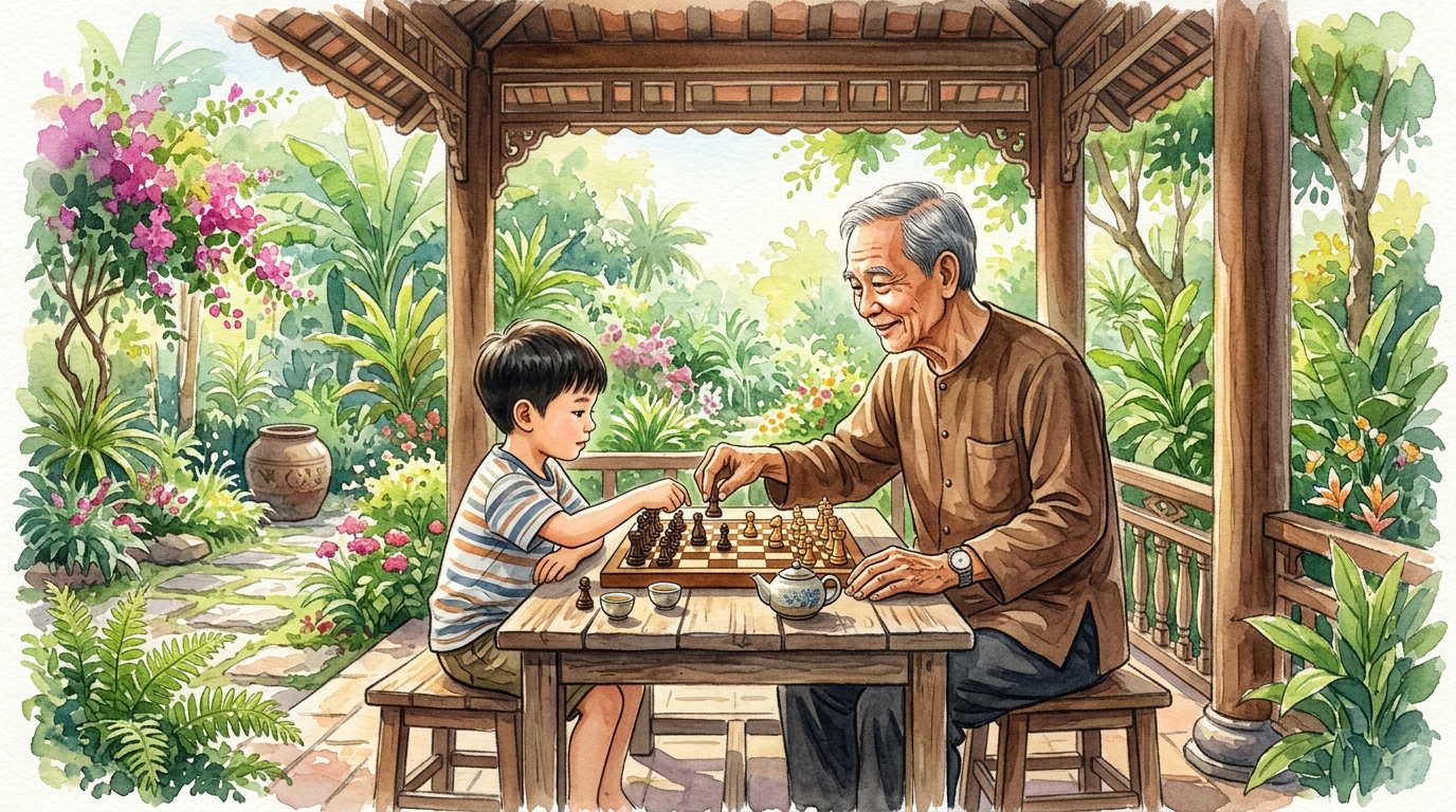 Ông nội dạy cháu trai chơi cờ trong vườn nắng ấm