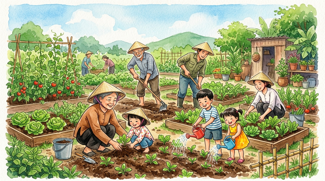 Gia đình Việt Nam trồng cây cùng nhau trong vườn cộng đồng