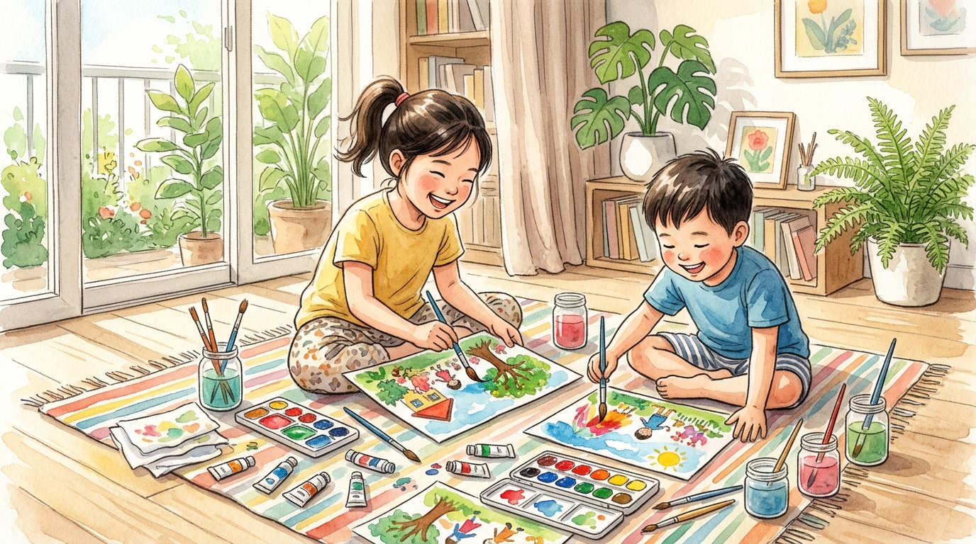 Anh chị em Việt Nam cùng vẽ tranh trong phòng đầy nắng