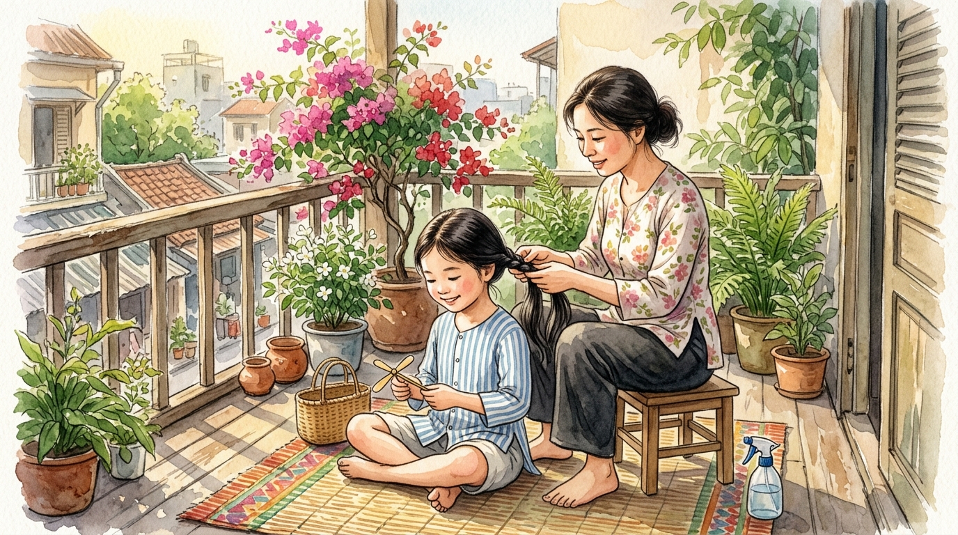 Mẹ Việt Nam tết tóc cho con gái trên ban công nắng