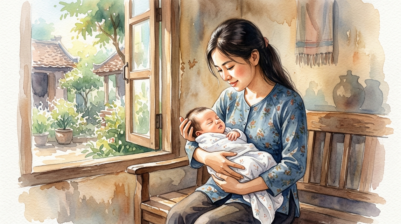 Mẹ Việt Nam ôm em bé bên cửa sổ tràn ánh nắng ấm áp