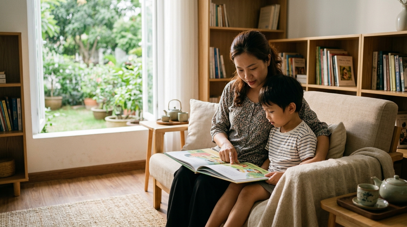 Người phụ nữ Việt Nam ngồi thưởng trà bên cửa sổ nắng ấm