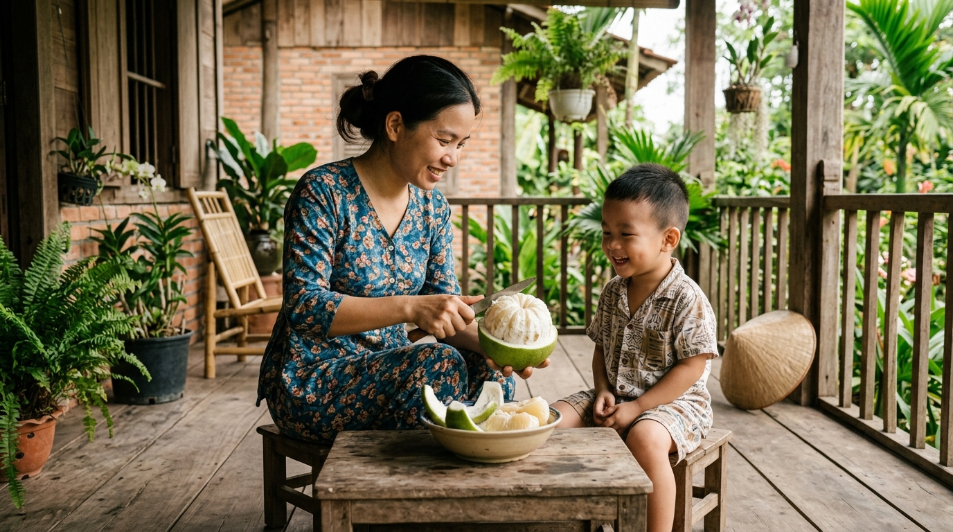 Cả nhà cùng thu hoạch bưởi chín vàng trong vườn cây