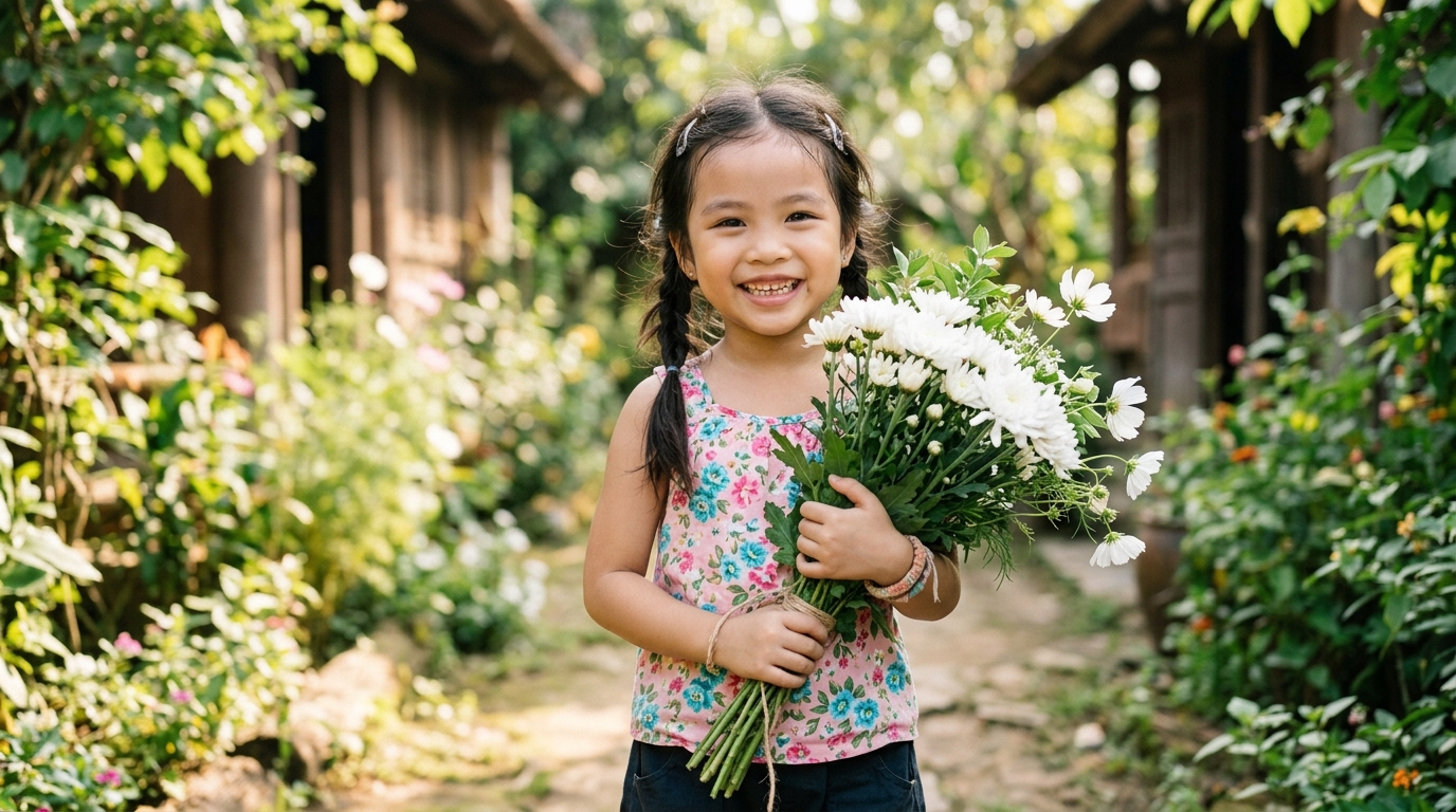 Mẹ và con gái ngắm đóa cúc trắng thanh tao trong vườn