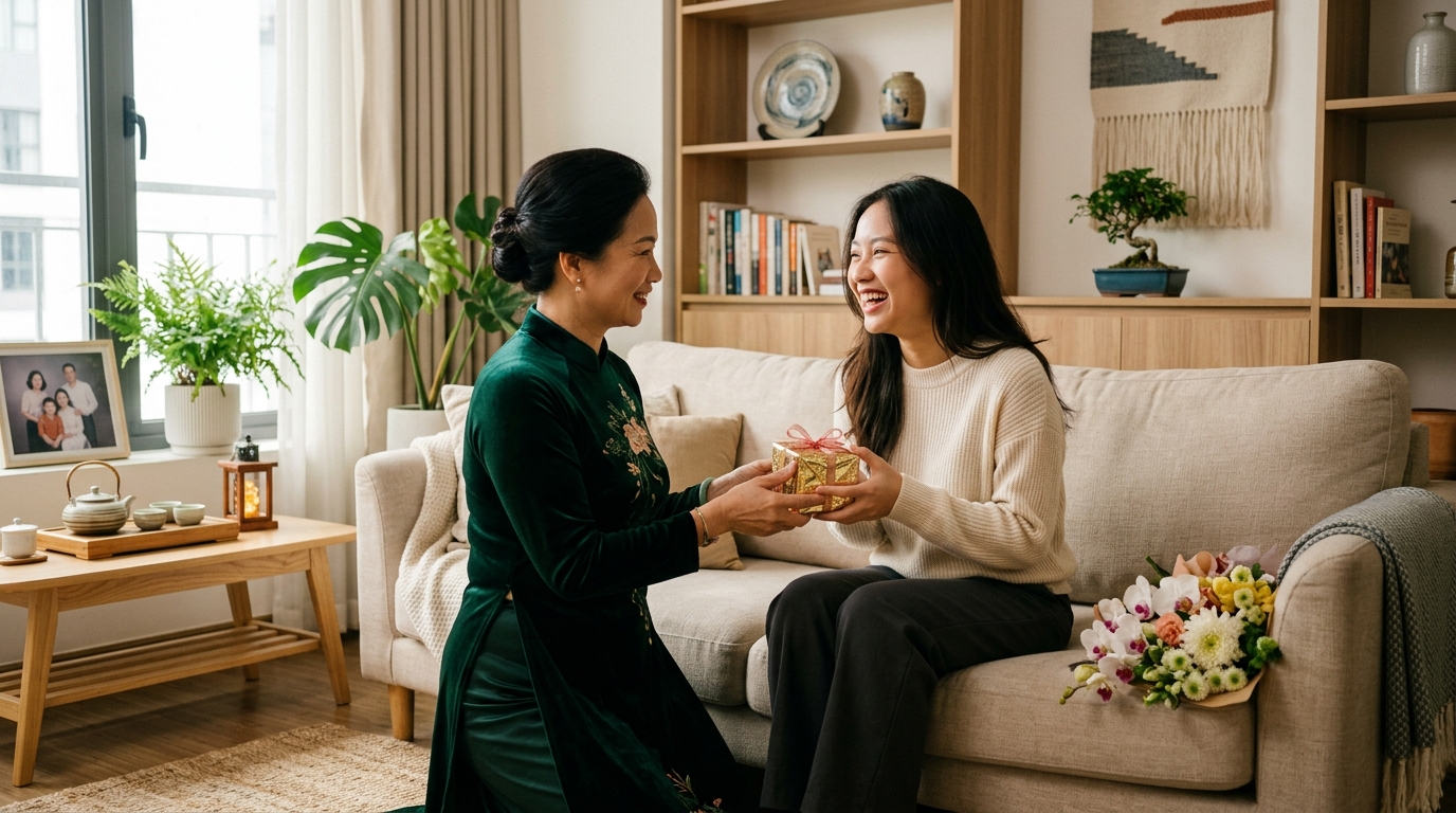 Cả nhà mừng kỷ niệm gia đình trong căn phòng sáng đẹp