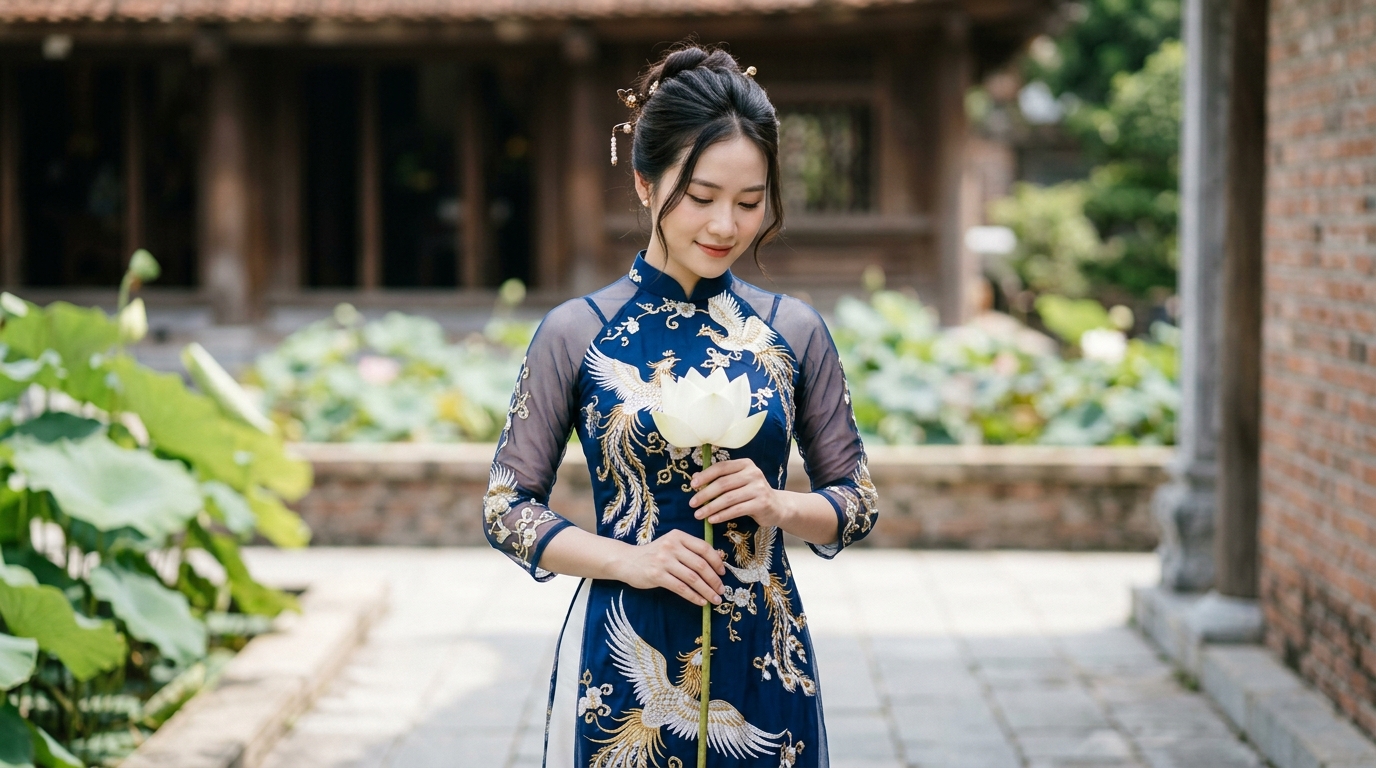 Mẹ và bé ngắm đóa sen trắng tinh khôi trong hồ