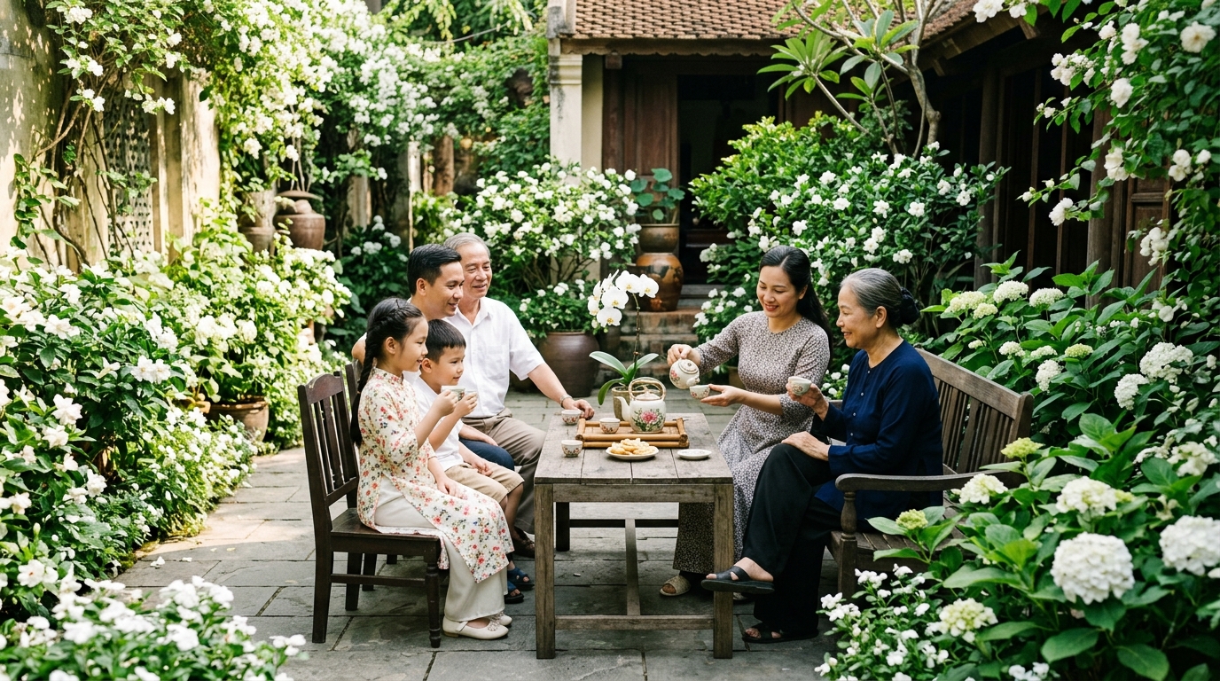 Mẹ chải tóc cho con gái trong căn phòng gỗ truyền thống