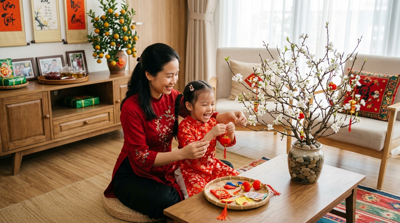 Mẹ và con cùng trang trí cành mai trắng đón Tết