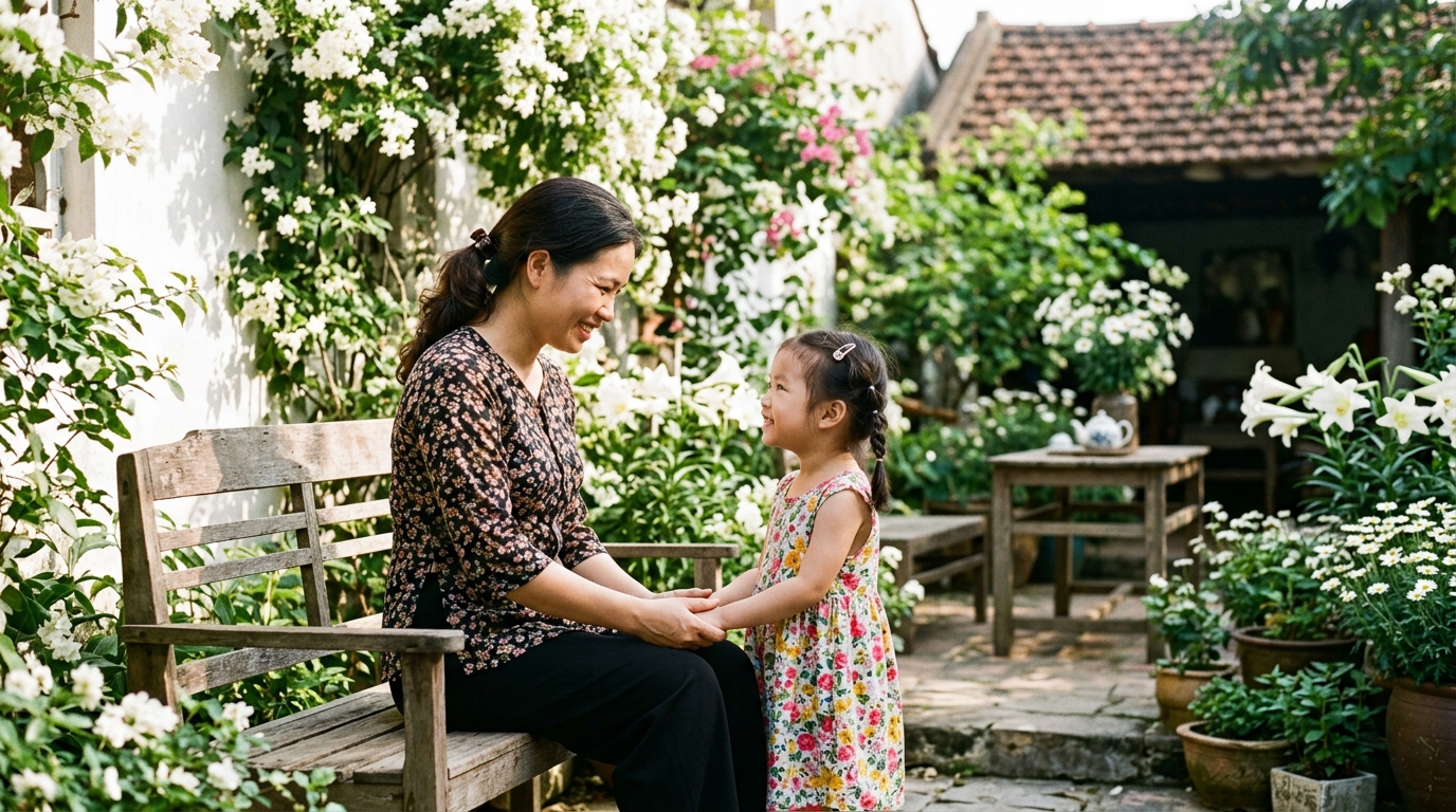 Mẹ nắm tay con gái nhỏ trong sân vườn nở hoa quỳnh trắng