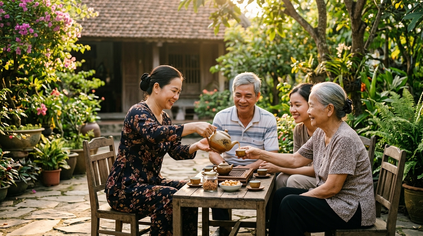 Mẹ rót trà cho gia đình trong vườn cây xanh mát