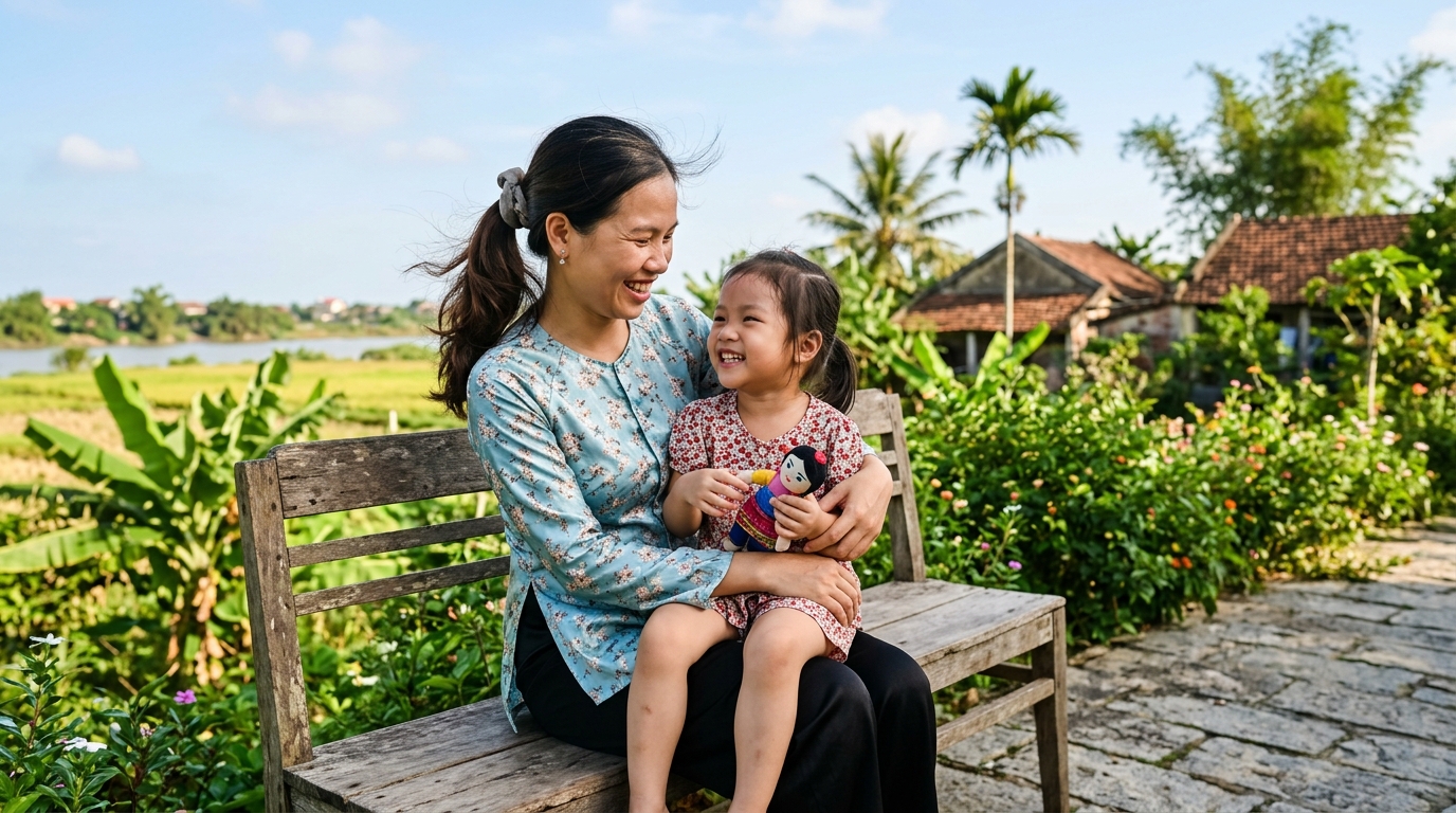 Mẹ và con ngồi trên băng ghế gỗ ngắm trời mây buổi sáng
