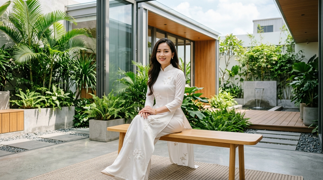 Người phụ nữ Việt Nam nhã nhặn ngồi trong sân vườn hiện đại