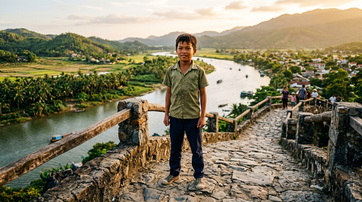 Cậu bé đứng vững chãi trên cầu đá cổ nhìn dòng sông