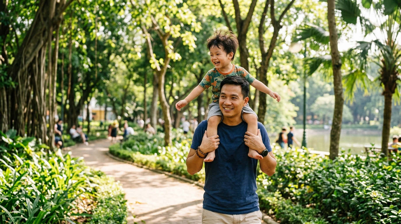 Bố cõng con trai trên vai dạo chơi công viên nắng ấm