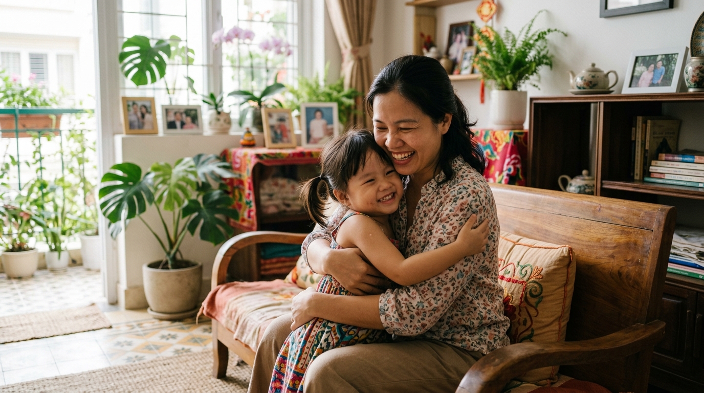 Mẹ ôm chặt con gái nhỏ với nụ cười hạnh phúc an lành