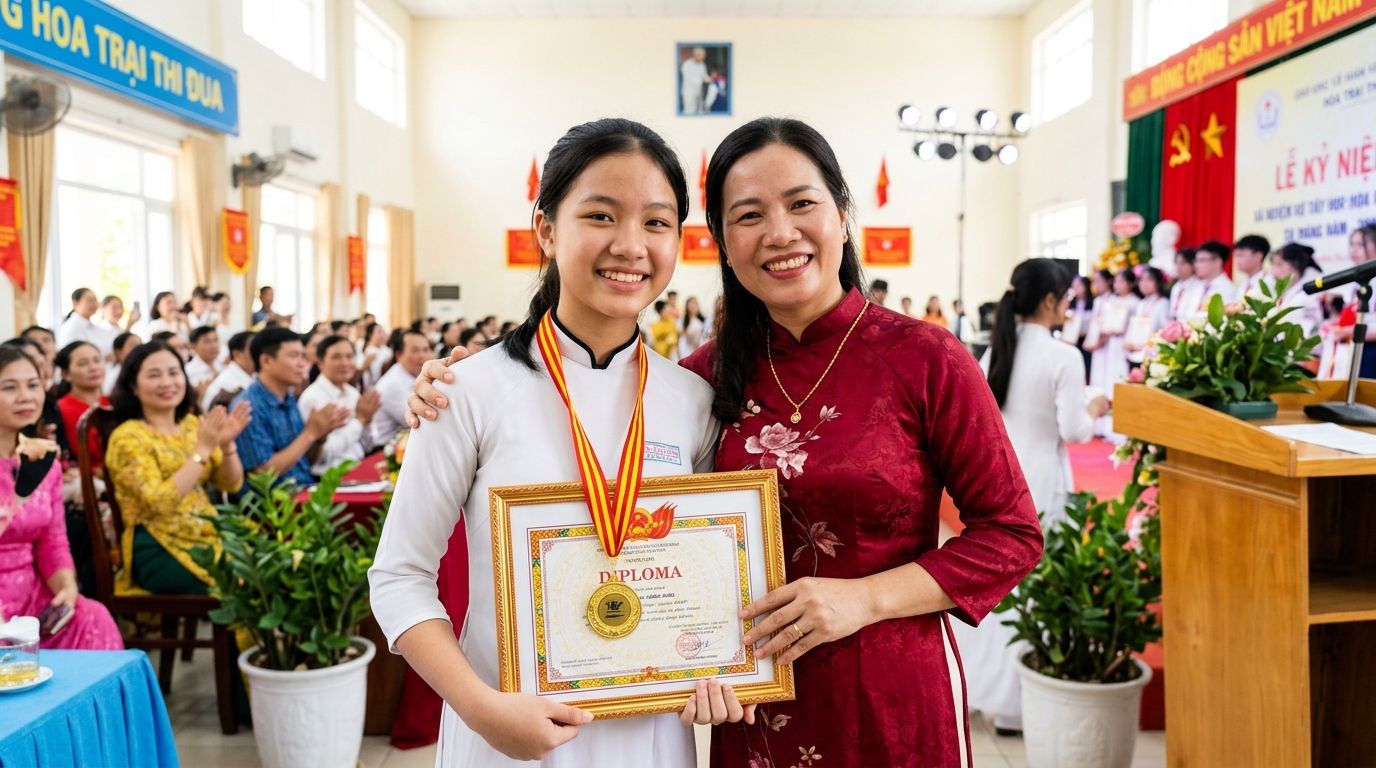 Bé gái vui mừng cầm bằng khen học tập cùng mẹ