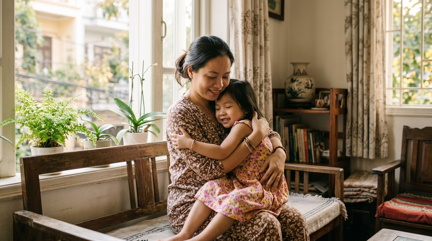 Mẹ ôm con gái nhỏ trong không gian gia đình bình an