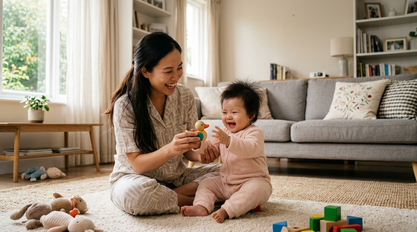 Mẹ chơi đùa cùng em bé rạng rỡ trong phòng ngủ