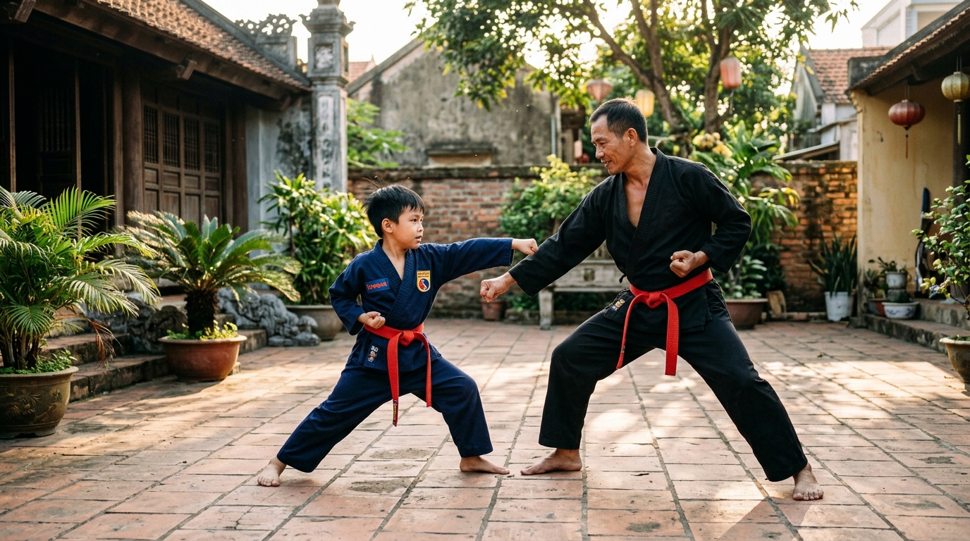 Hai bố con tập võ thuật trong sân nhà nắng ấm