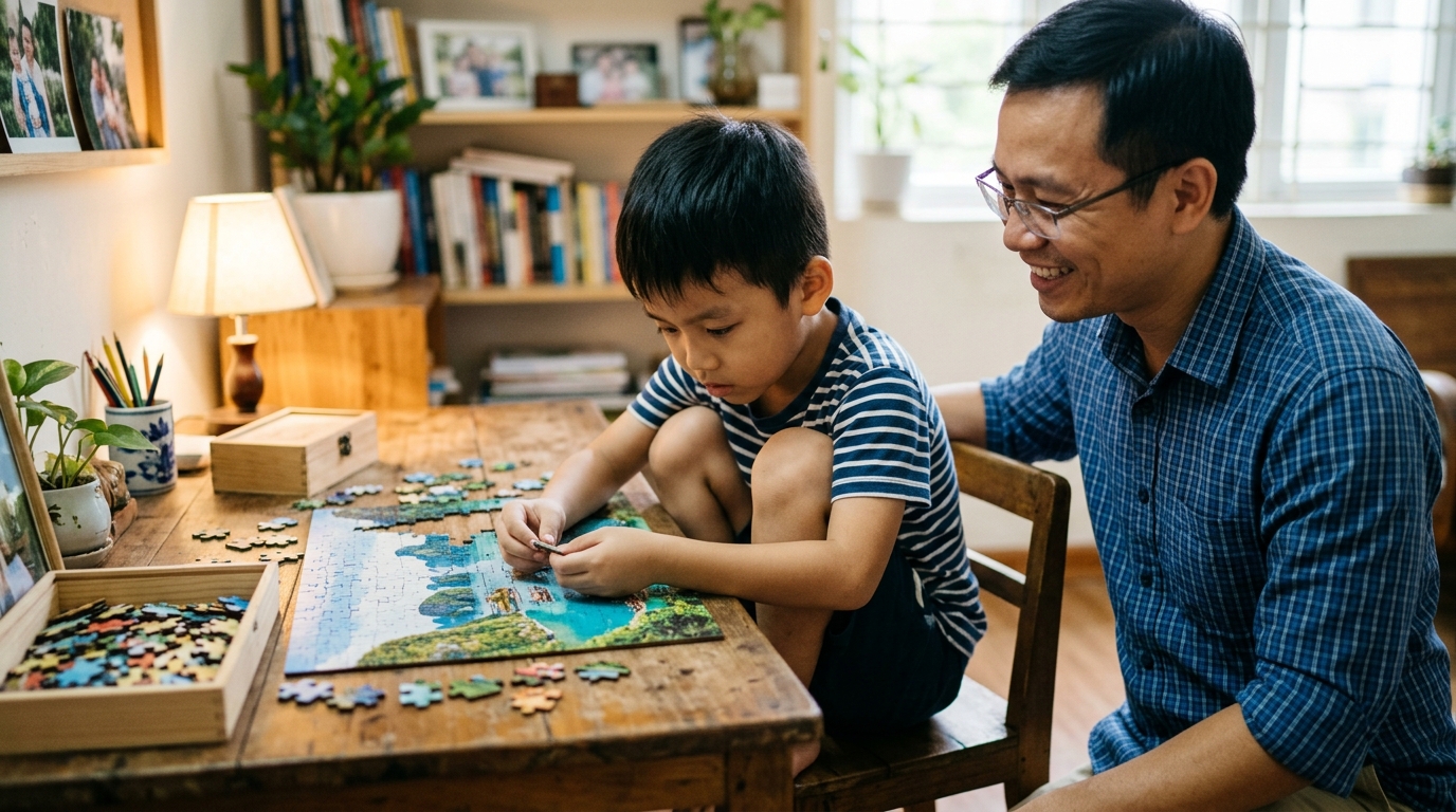 Cậu bé giải câu đố cùng bố trong phòng học