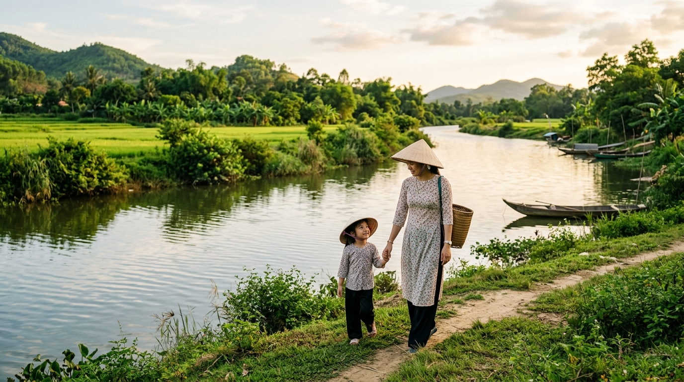 Mẹ và con đi dạo bên bờ sông xanh mát buổi chiều