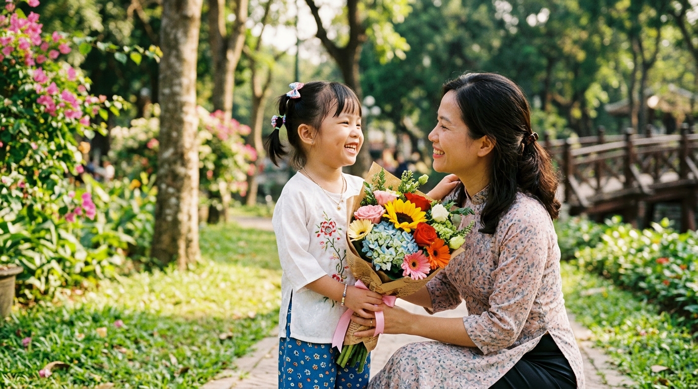 Bé gái cầm bó hoa tươi thắm mỉm cười cùng mẹ