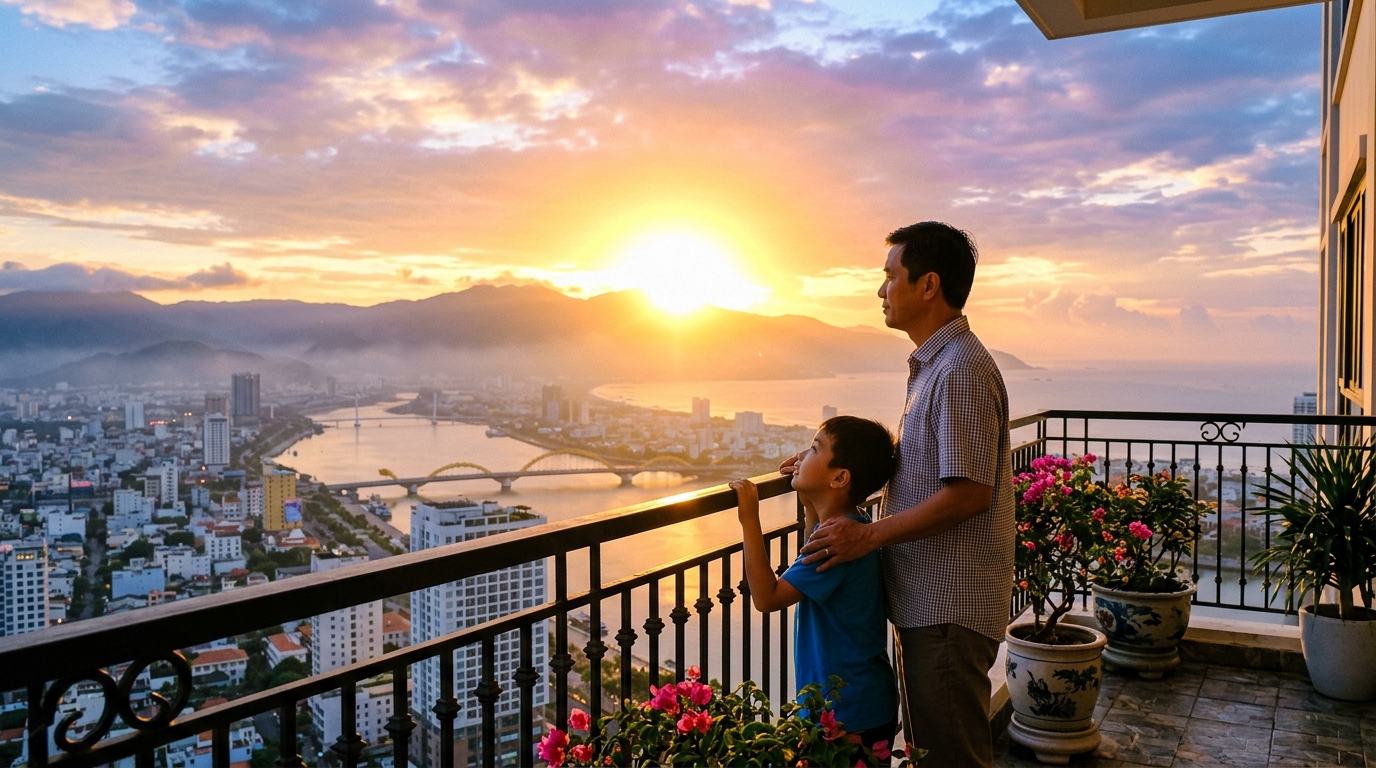Bố con nhìn bình minh rạng rỡ trên ban công cao