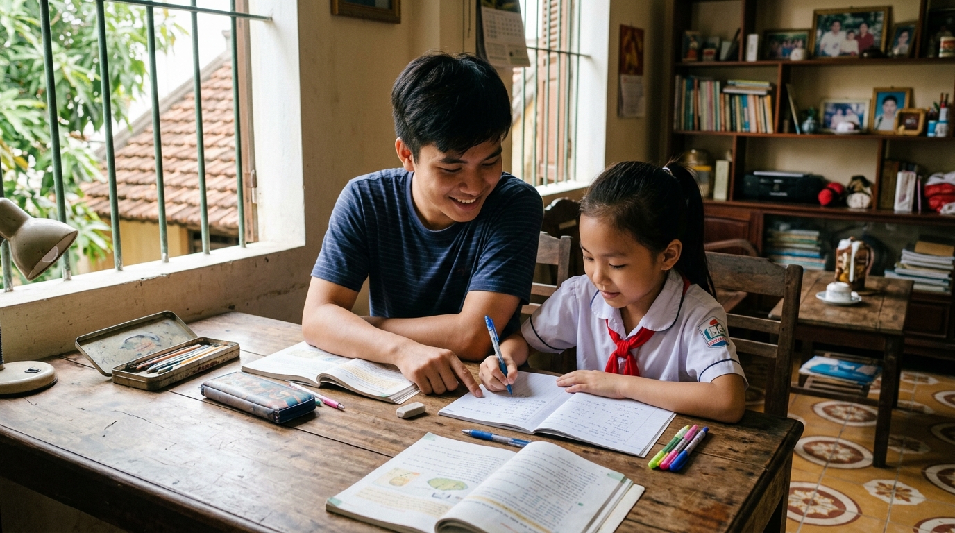 Người anh giúp em học tập trong phòng học sáng sủa