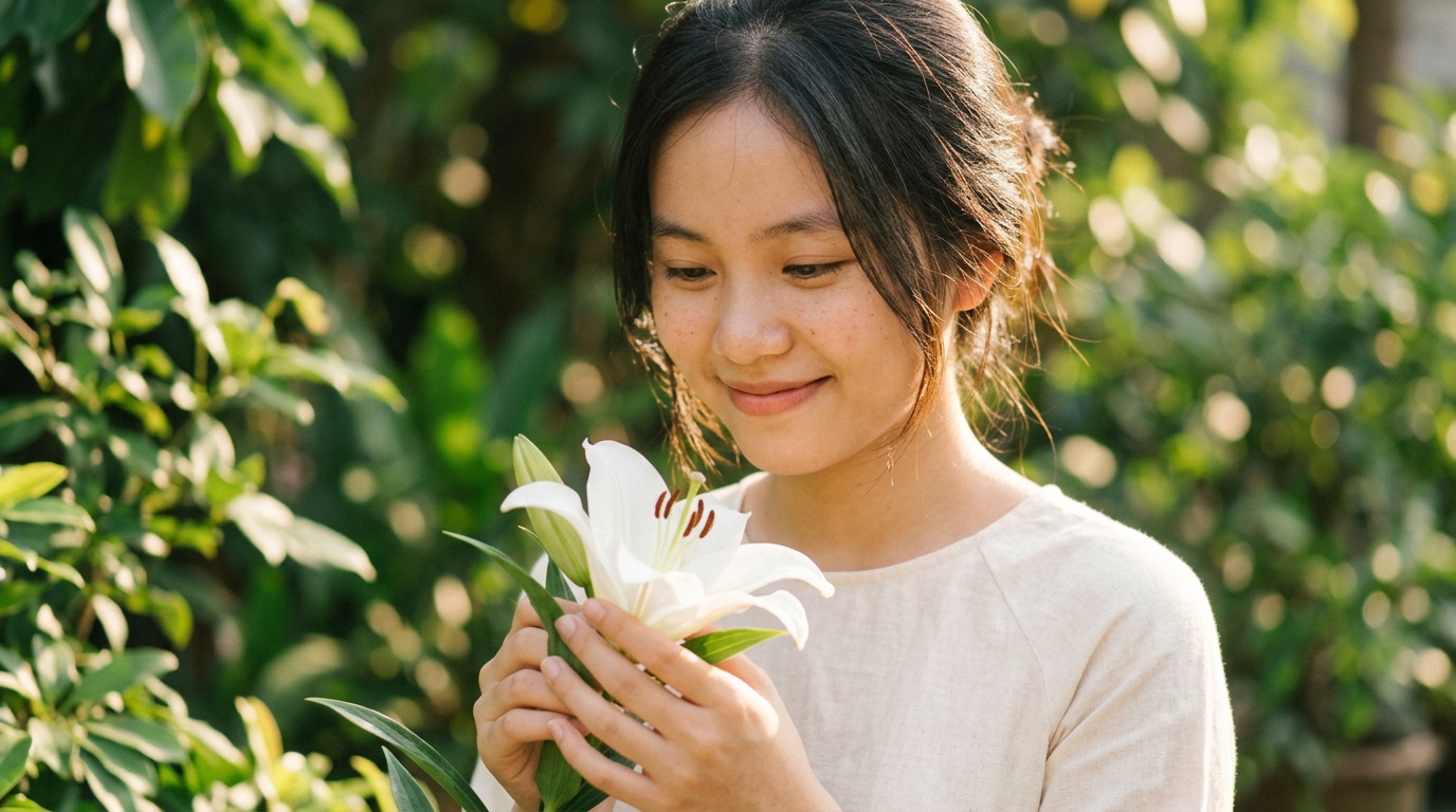 Cô gái cầm bông hoa huệ tây cười rạng rỡ