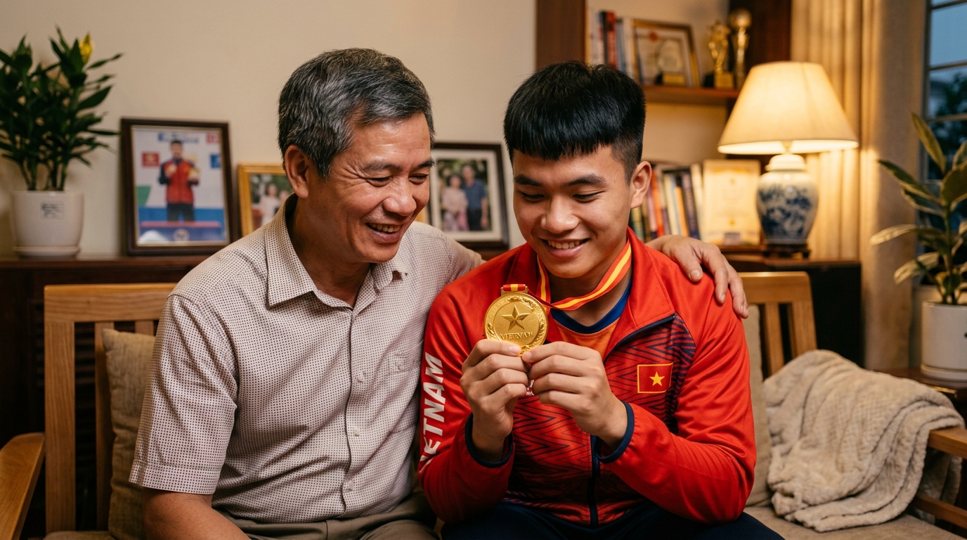 Chàng trai cầm huy chương vàng tự hào cùng bố