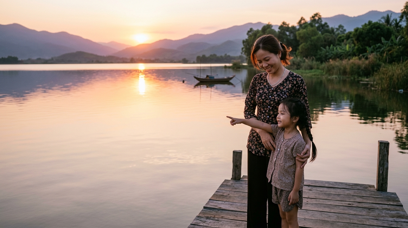 Mẹ và bé đứng ngắm hoàng hôn bên hồ nước yên bình