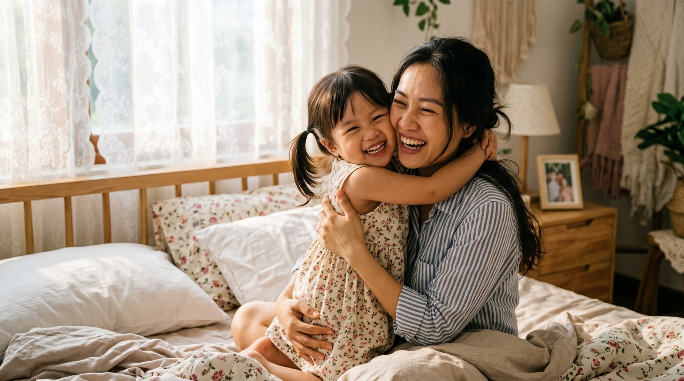 Bé gái cười tươi hạnh phúc ôm chặt lấy mẹ