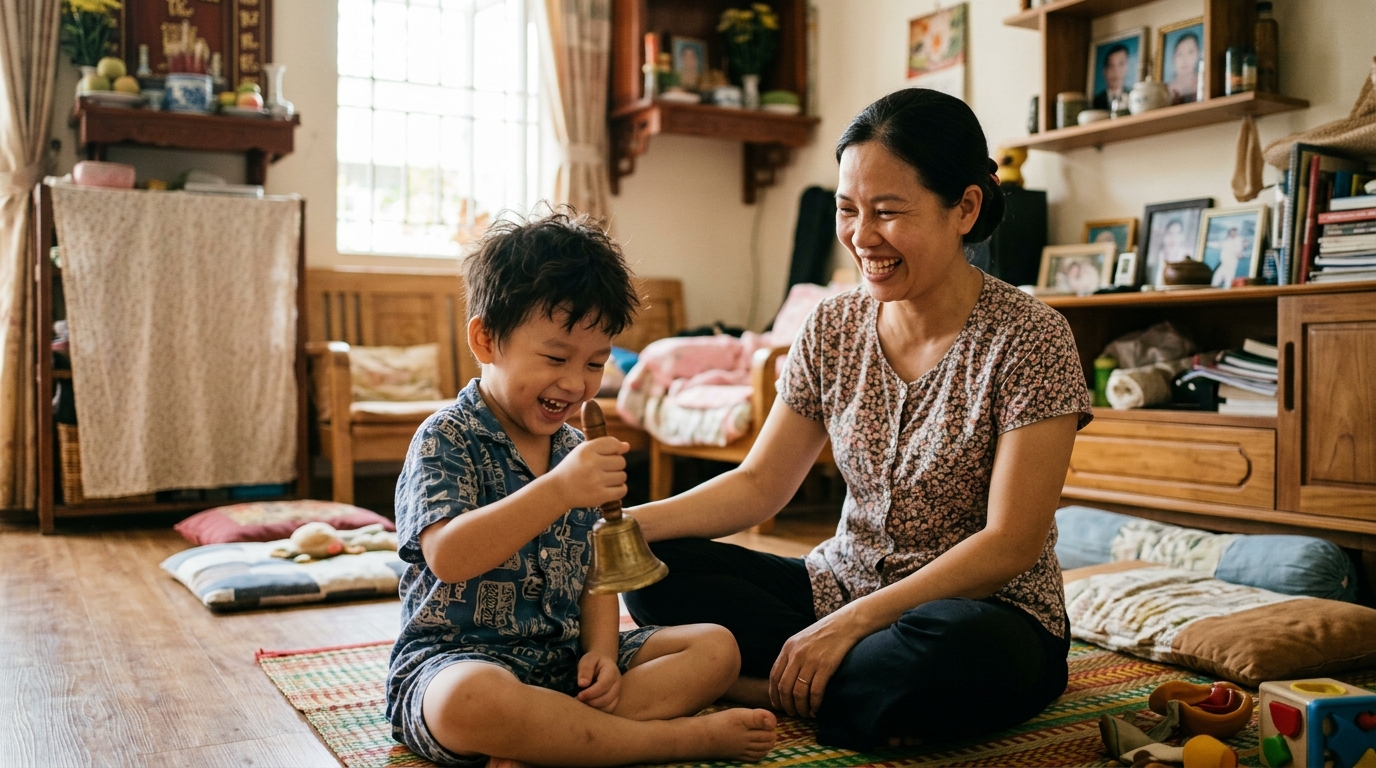 Cậu bé chơi đùa cùng chiếc chuông nhỏ bên mẹ