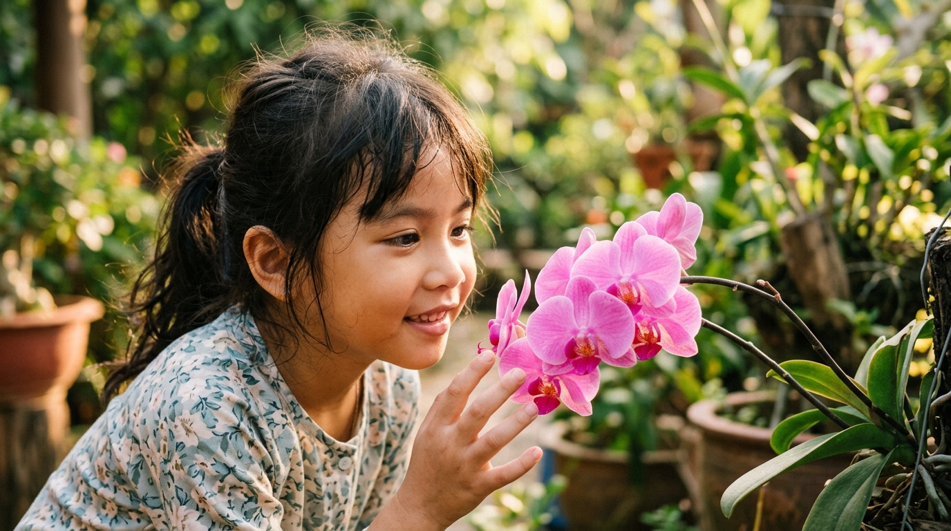 Cô bé ngắm nhìn bông hoa lan hồng nở rực rỡ