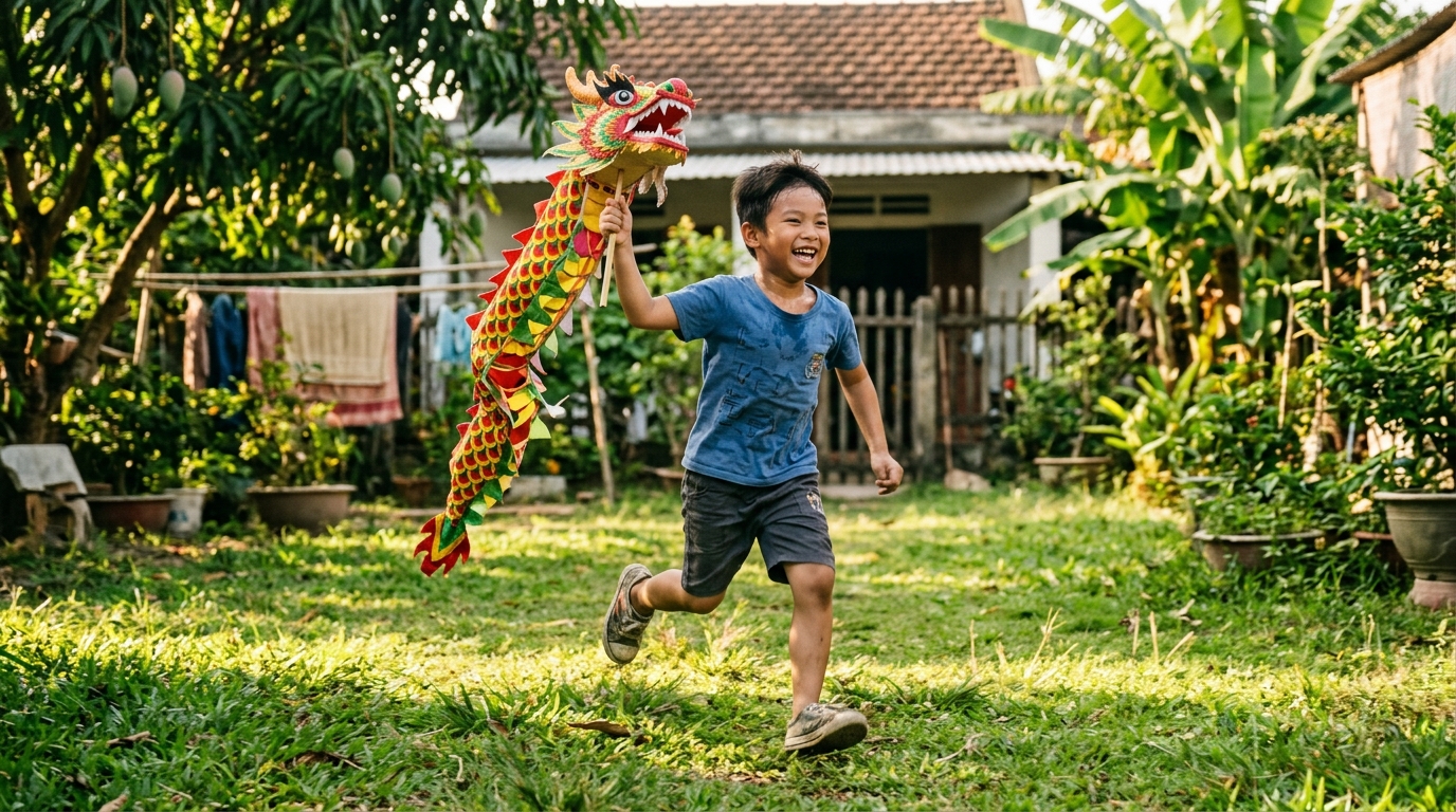 Cậu bé chạy chơi vui vẻ với món đồ chơi rồng trong sân