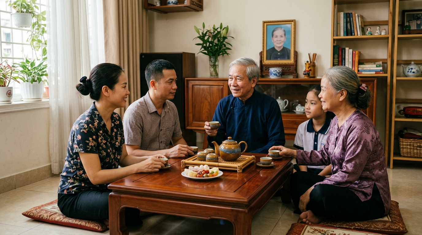 Cả nhà ngồi sum họp trò chuyện vui vẻ bên bàn trà