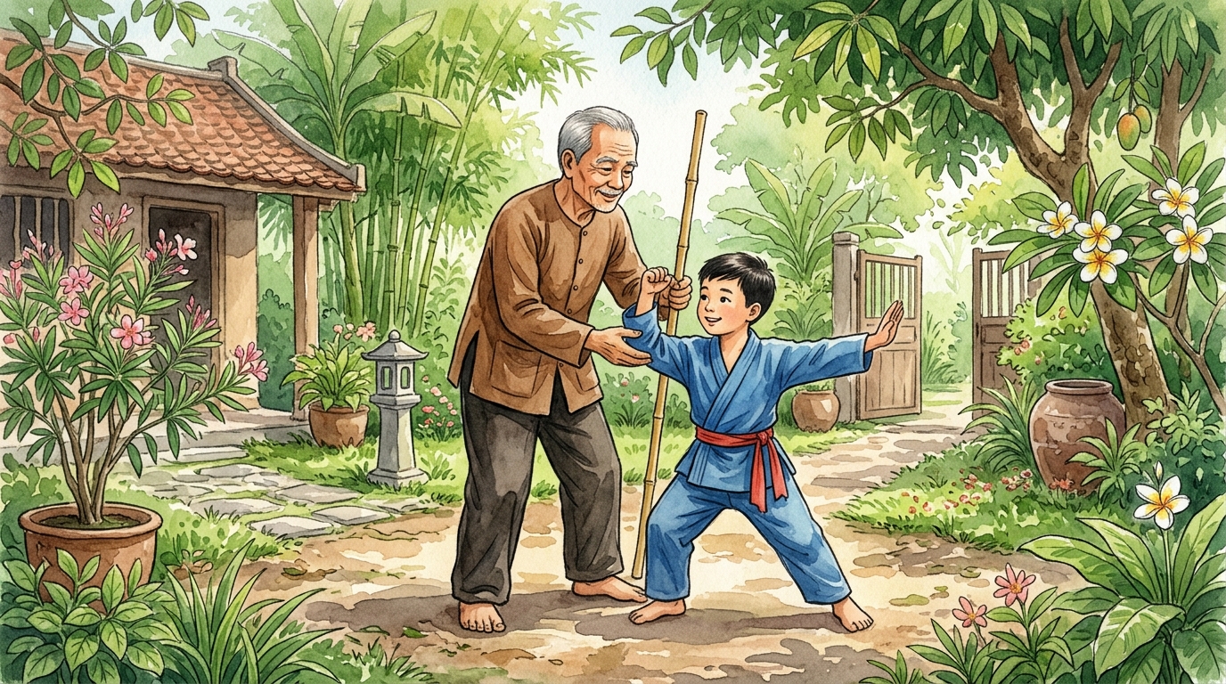 Ông dạy cháu võ thuật trong vườn nhà