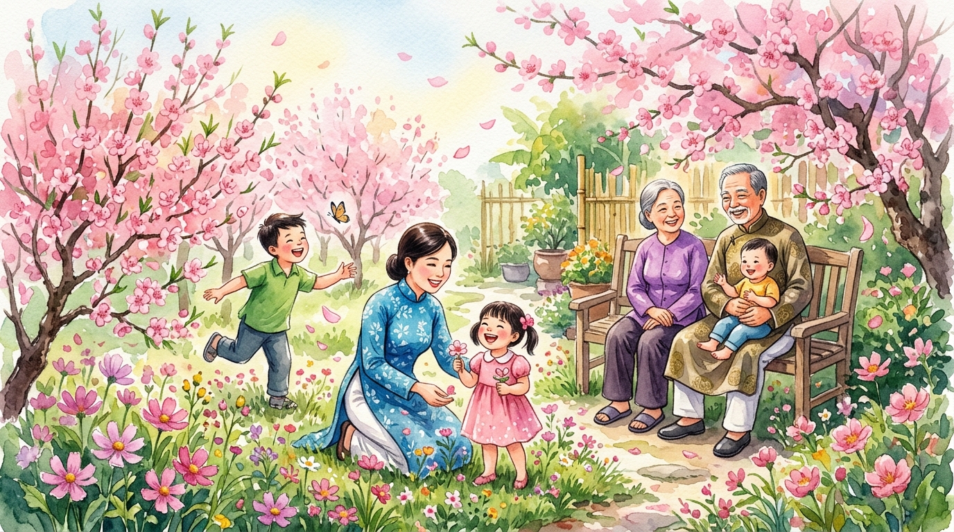 Gia đình vui chơi dưới vườn hoa đào mùa xuân