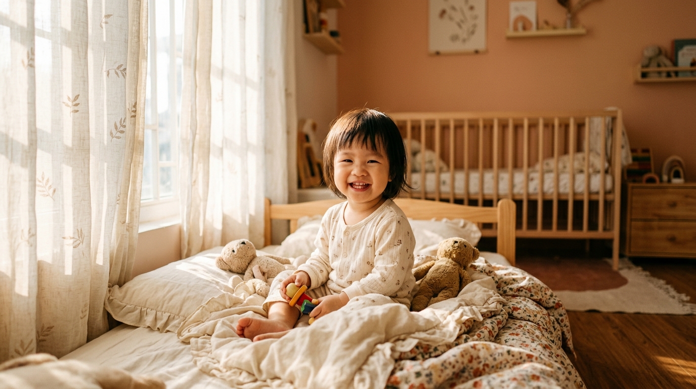 Em bé Việt Nam đón ánh nắng ban mai dịu nhẹ trong phòng ngủ